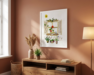 Botanical wall art styled in a calm, nature-led living room