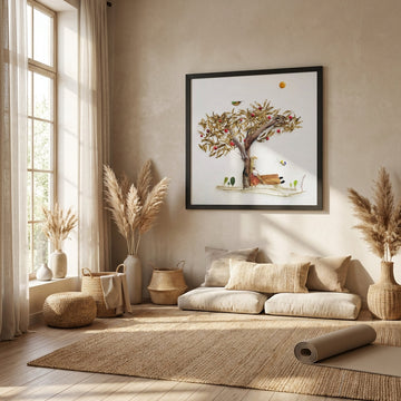 Botanical wall art print in a black frame, styled for a boho living room with natural textures