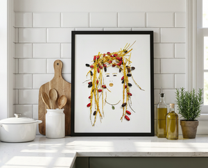Golden Dates Portrait botanical wall art in a black frame, styled on a bright kitchen counter as a thoughtful gift.
