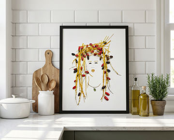 Golden Dates Portrait botanical wall art in a black frame, styled on a bright kitchen counter as a thoughtful gift.