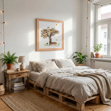 Rest Beneath the Tree botanical wall art print, framed and styled in a calm bedroom setting.