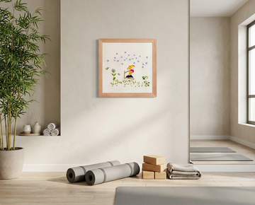 Forward in Bloom botanical wall art print, framed and styled in a calm yoga and meditation space.