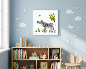 Meadow Zebra botanical wall art print, framed and styled in a soft, storybook-feeling child's room.