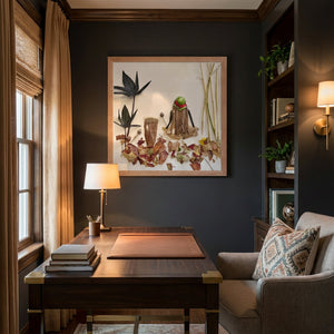 Botanical wall art print in a Red Oak frame, suited for farmhouse and bohemian living rooms