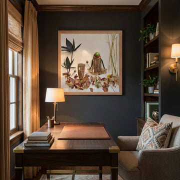 Botanical wall art print in a Red Oak frame, suited for farmhouse and bohemian living rooms
