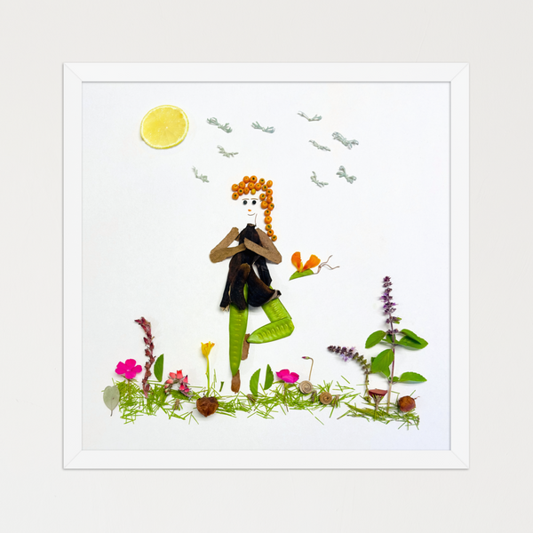 Woman in Tree Pose shaped from leaves, seed pods, bark, and petals above grasses and small flowers. Botanical wall art by FloraFusion.