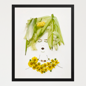 Feminine portrait with pale green corn husk hair, a corn ear crown, and a yellow blossom garment. Botanical wall art by FloraFusion.