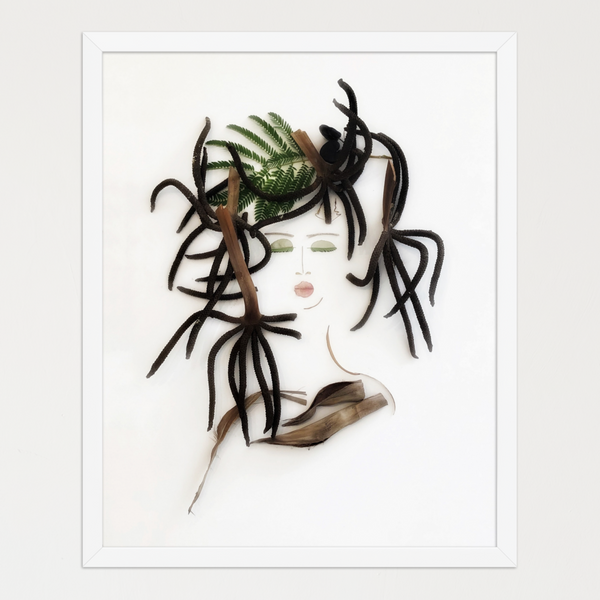 Introspective face of fern fronds, seed pods, and dried stems with green accents on white. Botanical wall art by FloraFusion.