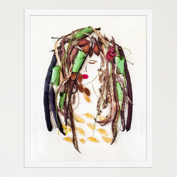 Feminine profile shaped from long seed pods, folded leaves, and delicate stems on a white background. Botanical wall art by FloraFusion.