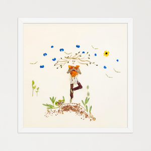 Feminine figure in balanced stillness from petals, leaves, stems, and seeds with drifting blossoms. Botanical wall art by FloraFusion.