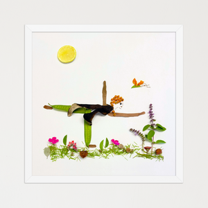 Human figure in Half Moon yoga pose made of leaves, seed pods, stems, bark, and blooms with a sun motif. Botanical wall art by FloraFusion.