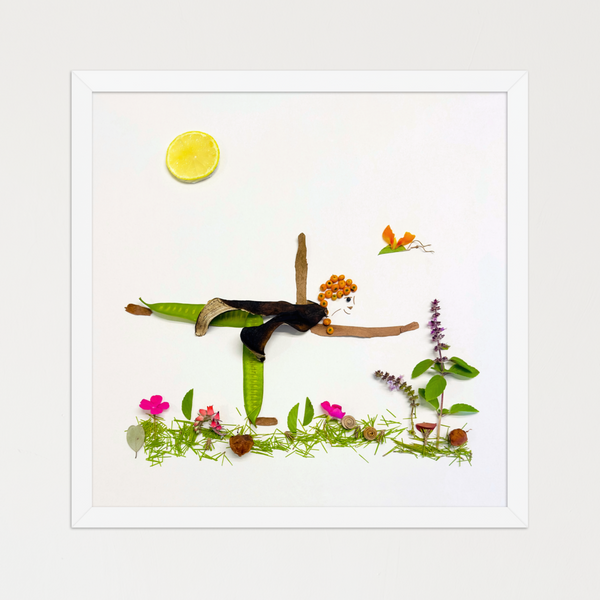 Human figure in Half Moon yoga pose made of leaves, seed pods, stems, bark, and blooms with a sun motif. Botanical wall art by FloraFusion.