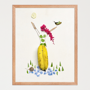 Feminine figure with a banana central body and leaves, petals, and seed pods forming hair and arms. Botanical wall art by FloraFusion.