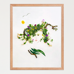 Feminine face built from stems, roots, branches, petals, and seeds on a white background. Botanical wall art print by FloraFusion.