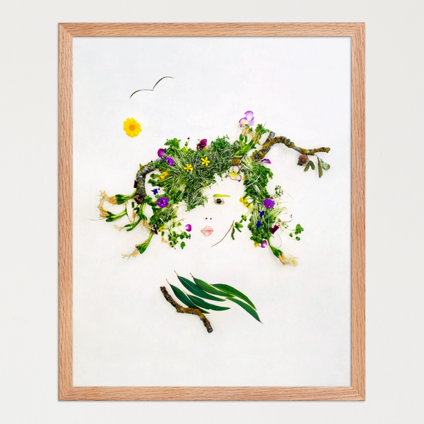 Feminine face built from stems, roots, branches, petals, and seeds on a white background. Botanical wall art print by FloraFusion.