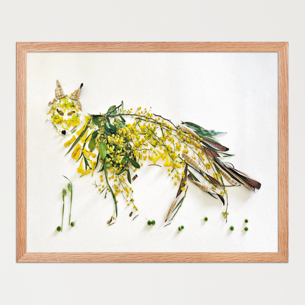 Fox composed of fresh petals, soft greenery, and warm-toned blooms with curiosity in its gaze. Botanical wall art by FloraFusion.