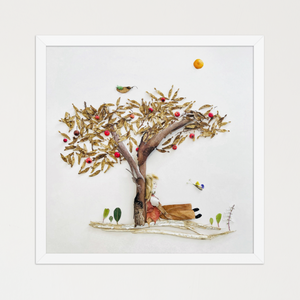 Quiet landscape of a tree and ground built from petals, stems, dried foliage, and seeds. Botanical wall art print by FloraFusion.