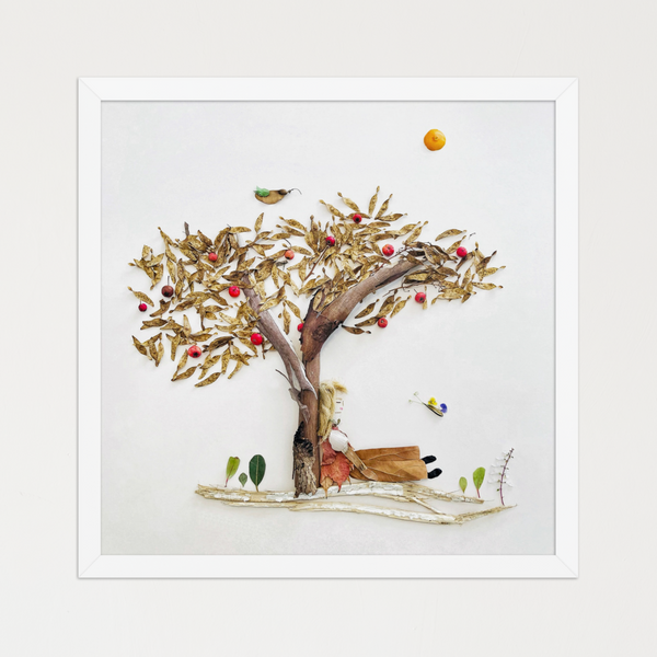 Quiet landscape of a tree and ground built from petals, stems, dried foliage, and seeds. Botanical wall art print by FloraFusion.