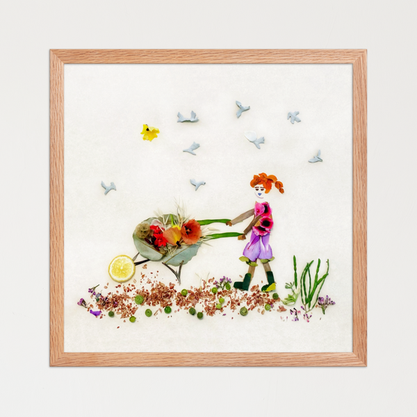 Delicate figure pulling a flower-filled cart with small birds and scattered botanicals on white. Botanical wall art by FloraFusion.