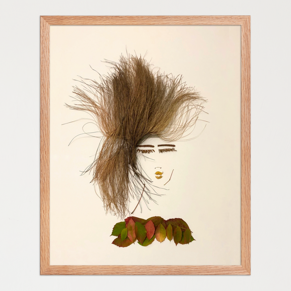 Feminine portrait with dried grass hair, fine stem features, and a leaf-made neckline. Botanical wall art print by FloraFusion.