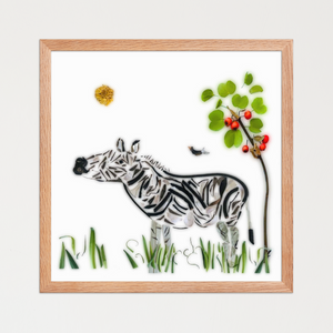 Zebra composed from layered leaves and petals in soft black, cream, and gray on a white background. Botanical wall art print by FloraFusion.