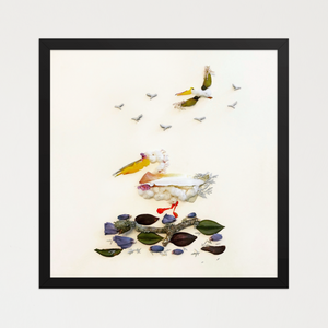 Two birds formed of petals, leaves, stems, and fibers in cream, soft yellow, green, and lavender. Botanical wall art by FloraFusion.
