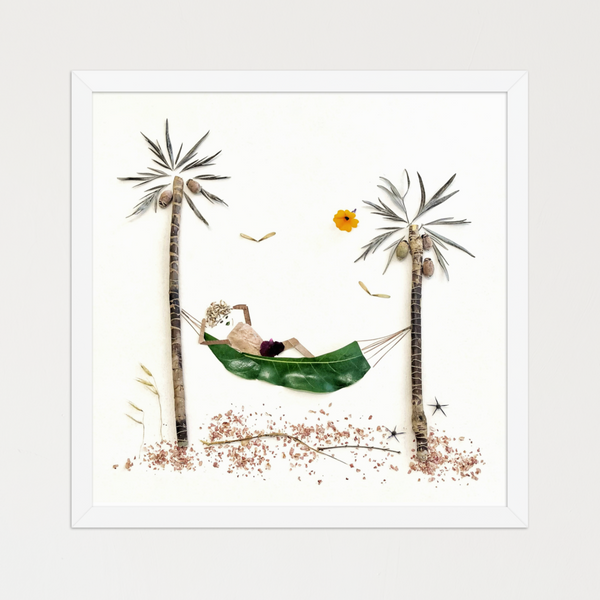 Two palm trees of stems and seed pods framing a reclining figure in a leaf hammock. Botanical wall art print by FloraFusion.