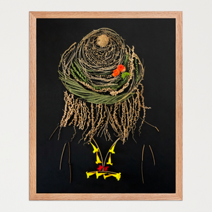 Feminine silhouette with a coiled grass hat and cascading botanical hair on a deep black background. Botanical wall art by FloraFusion.