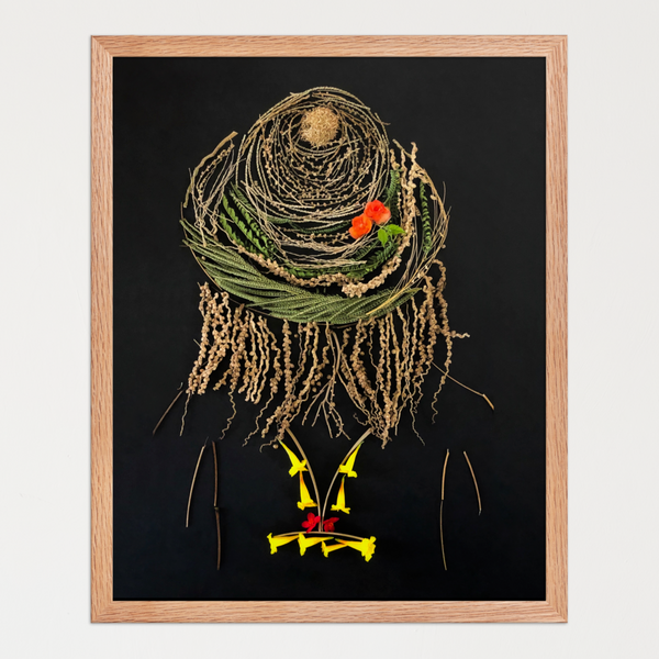 Feminine silhouette with a coiled grass hat and cascading botanical hair on a deep black background. Botanical wall art by FloraFusion.