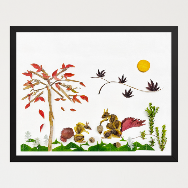 Squirrels Beneath the Leaves - Floral Wildlife Wall Art Print
