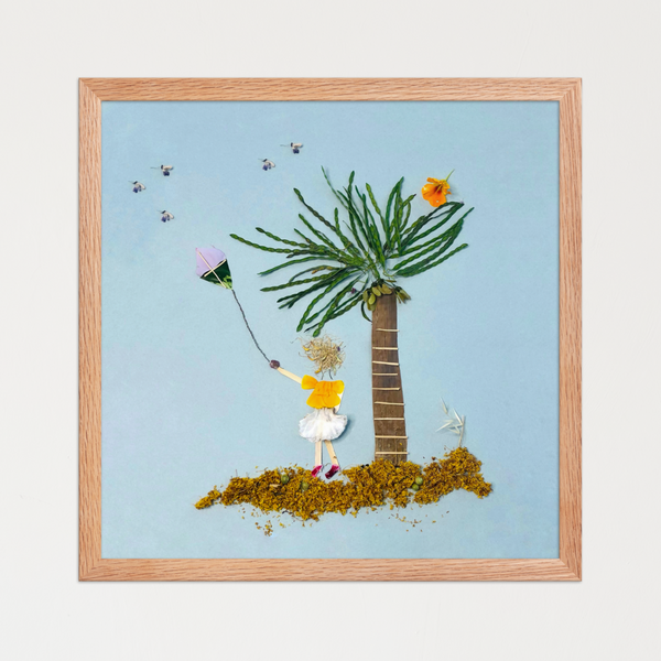 Small figure and palm tree with drifting botanical textures on a soft blue backdrop. Botanical wall art print by FloraFusion.