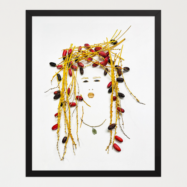 Feminine figure made of golden stems and date seed pods forming flowing hair on white. Botanical wall art print by FloraFusion.