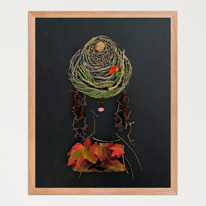 Feminine figure formed from layered autumn leaves, fine grasses, seed heads, and berries on a deep dark background. Botanical wall art by FloraFusion.