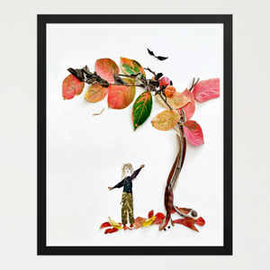 Slender tree arcing upward with warm-toned leaves, seed pods, and a tiny figure reaching for the canopy. Botanical wall art by FloraFusion.