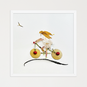 Bicycle built from melon-slice wheels, slender stems, and soft petals on a clean background. Botanical wall art by FloraFusion.