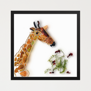 Stylized giraffe with an elongated neck shaped from layered leaves, seed pods, stems, and plant fibers. Botanical wall art by FloraFusion.