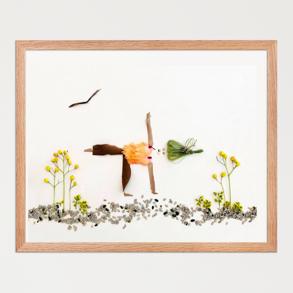 Human figure in a yoga pose made of petals, leaves, stems, and seeds on a white background. Botanical wall art by FloraFusion.