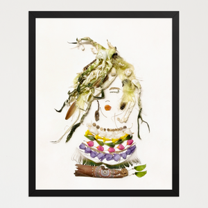 Feminine portrait of light botanicals, braided plant fibers, husks, petals, and seed-like details on white. Botanical wall art by FloraFusion.