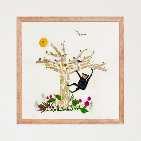 Monkey swinging from a bark-and-leaf tree with a small sun and a bird on white. Botanical wall art print by FloraFusion.