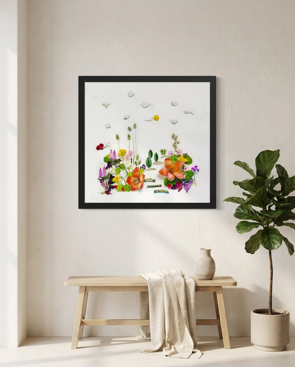 Meadow Garden botanical wall art print in a black frame, shown in a calm neutral room