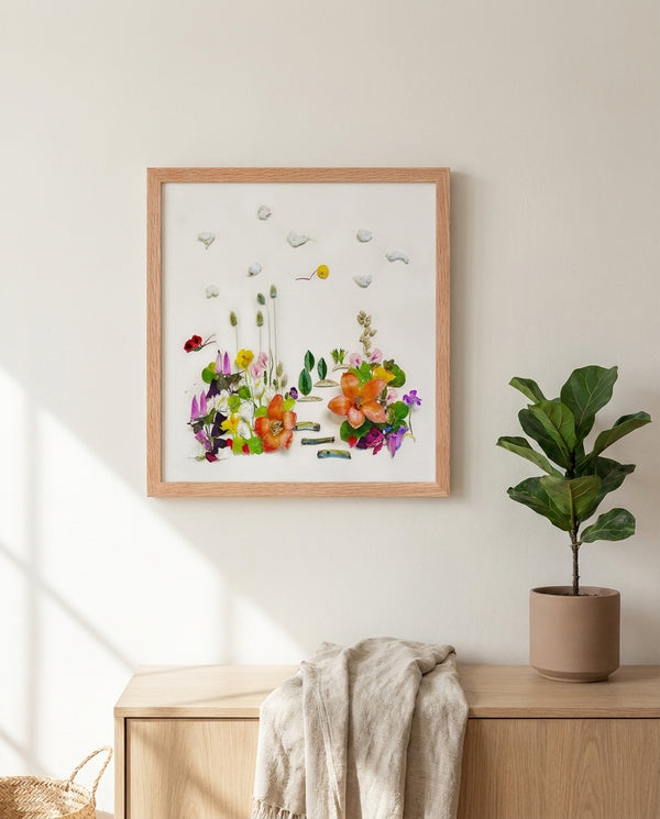 Meadow Garden botanical wall art print in a red oak frame, shown in a calm neutral room