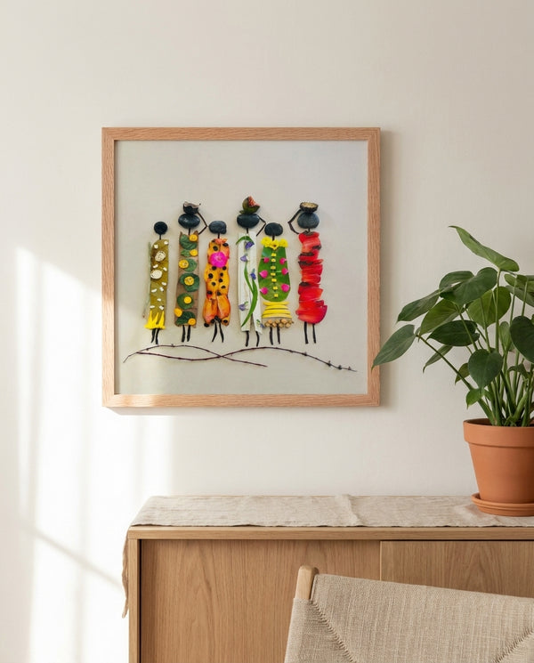 Garden Sisters botanical wall art print in a red oak frame, shown in a calm neutral room