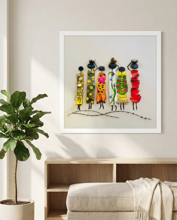 Garden Sisters botanical wall art print in a white frame, shown in a calm neutral room