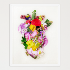 Heart in Bloom botanical wall art print in a white frame, framed front view