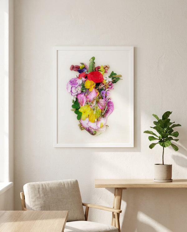 Heart in Bloom botanical wall art print in a white frame, shown in a calm neutral room