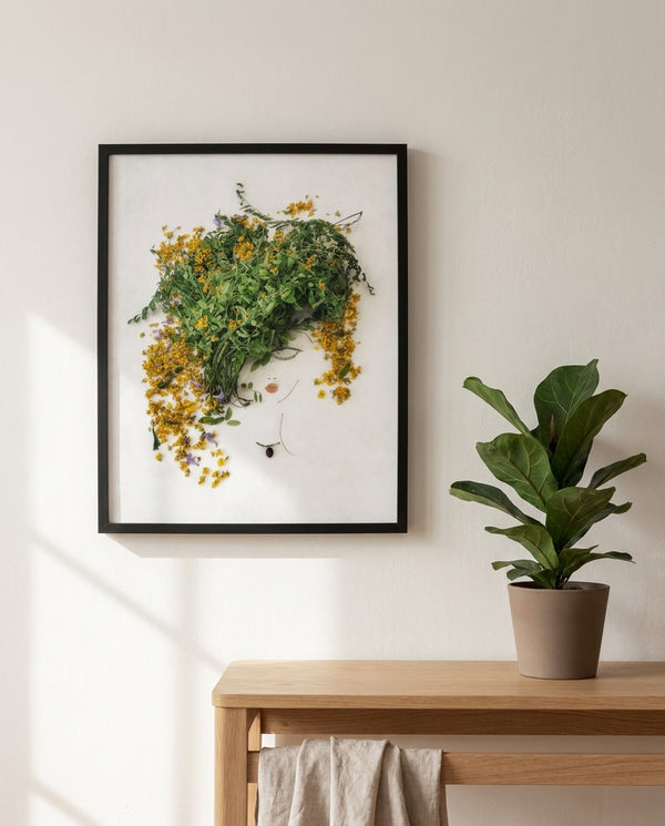 Golden Leaf botanical wall art print in a black frame, shown in a calm neutral room