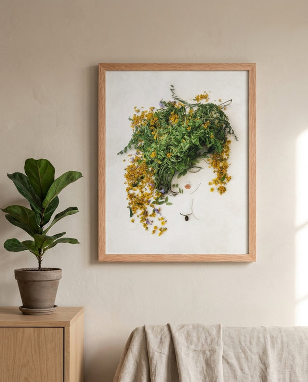 Golden Leaf botanical wall art print in a red oak frame, shown in a calm neutral room