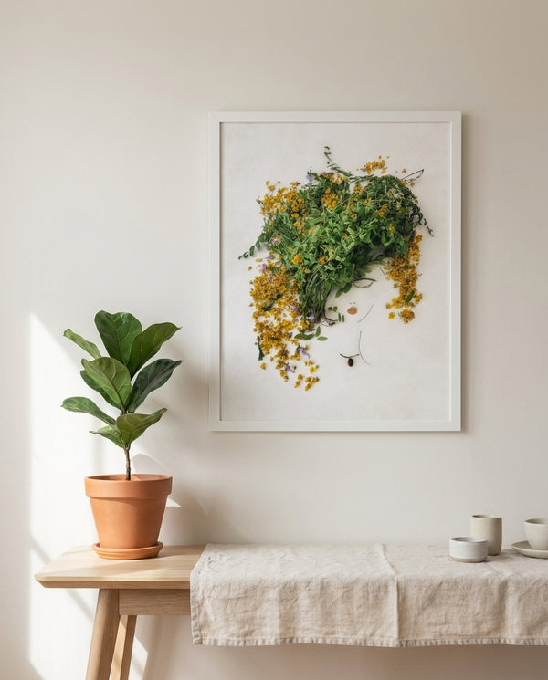 Golden Leaf botanical wall art print in a white frame, shown in a calm neutral room