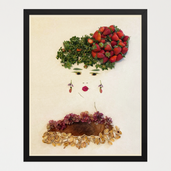 Feminine portrait with strawberries and green foliage forming the hair and small leaves for features. Botanical wall art by FloraFusion.