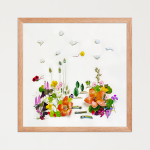 Real blossoms, leaves, stems, and seed pods arranged with airy spacing on a soft neutral background. Botanical wall art by FloraFusion.